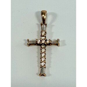 Vintage 10K 1 gram Gold Cross Pendant Cubic Zirconia Round & Baguette Stones 1"